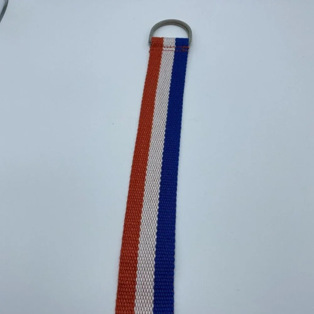 Orange White Blue Striped Woven D Ring Belt Teen's Size XS End to End 26